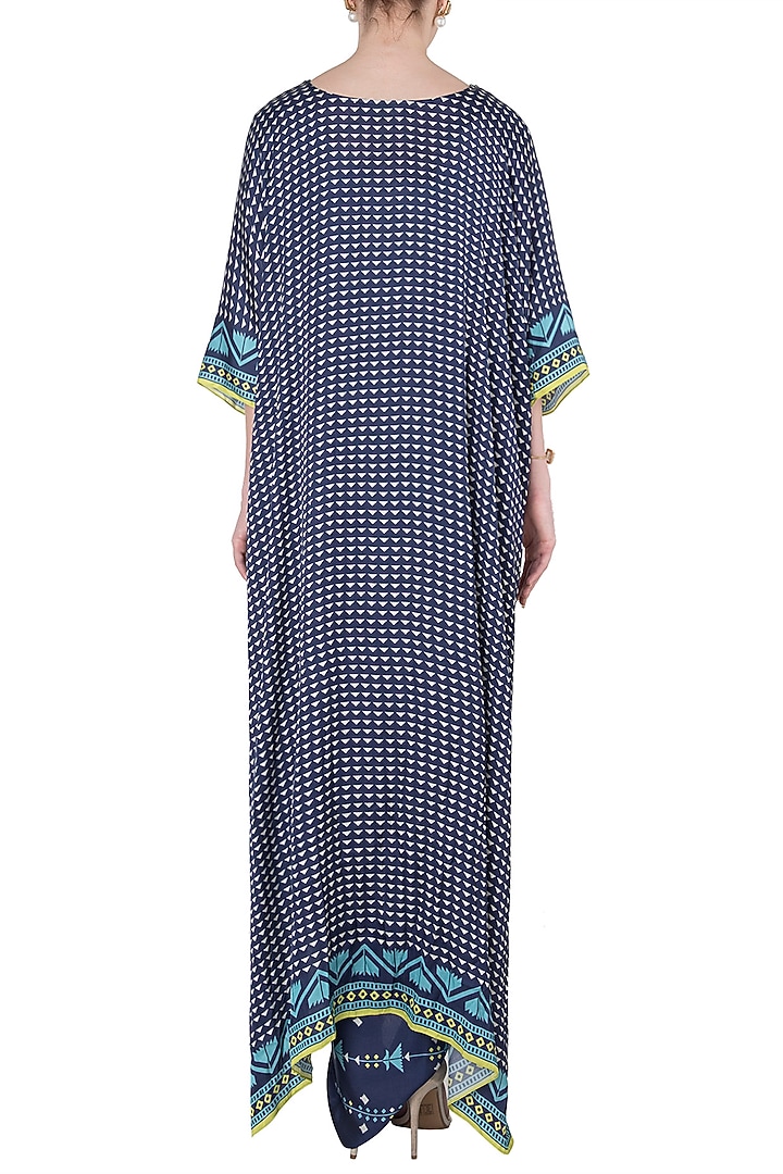 Blue printed drape maxi dress with asymmetrical cape available only at Pernia's Pop Up Shop.