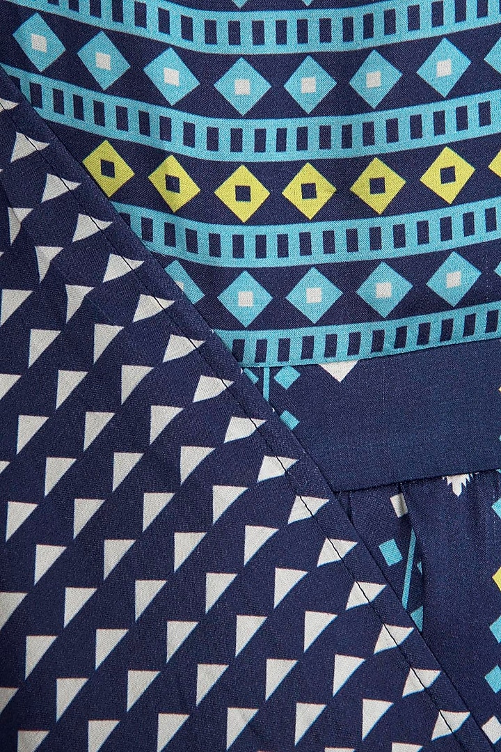 Blue printed drape maxi dress with asymmetrical cape available only at Pernia's Pop Up Shop.