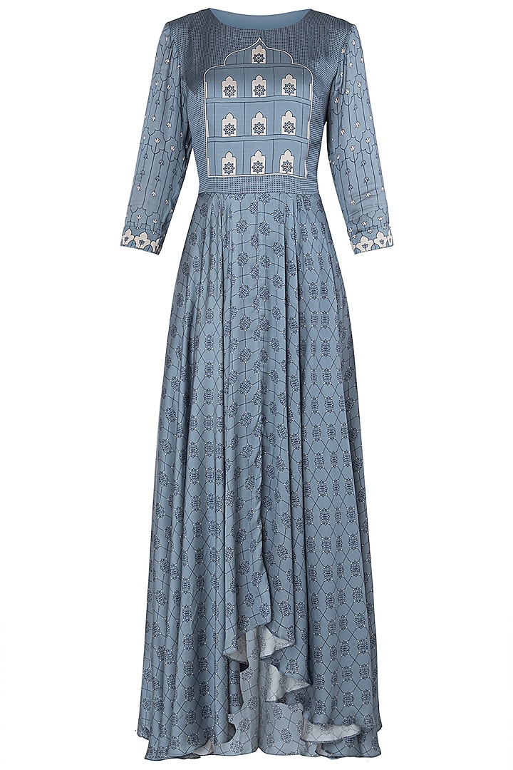 Blue Asymmetrical Printed Maxi Dress by Soup by Sougat Paul