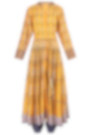 Yellow and Blue Printed Anarkali with Pants by Soup by Sougat Paul
