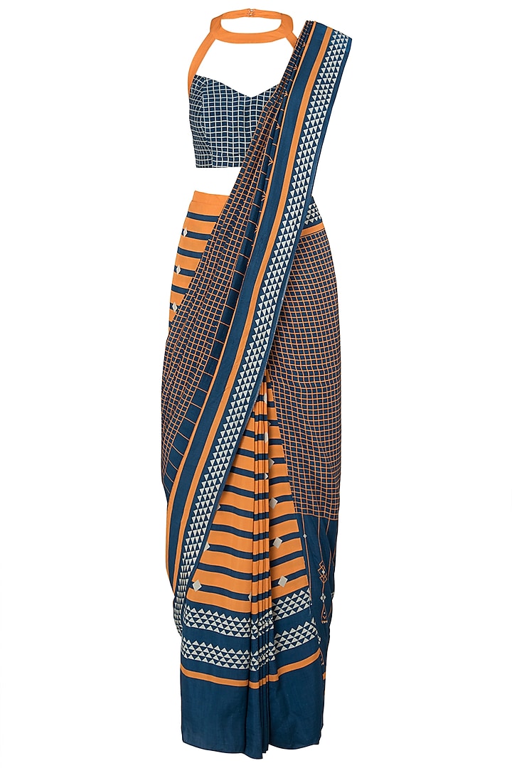 Blue and Yellow Geometric Printed Saree with Blouse by Soup by Sougat Paul