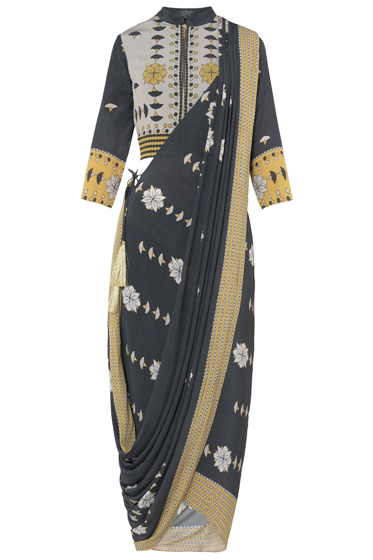 Charcoal grey and yellow printed saree with jacket blouse available only at Pernia's Pop Up Shop.