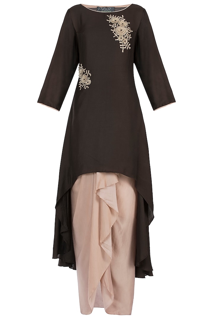 Brown Embroidered Jacket With Skirt by Soup By Sougat Paul