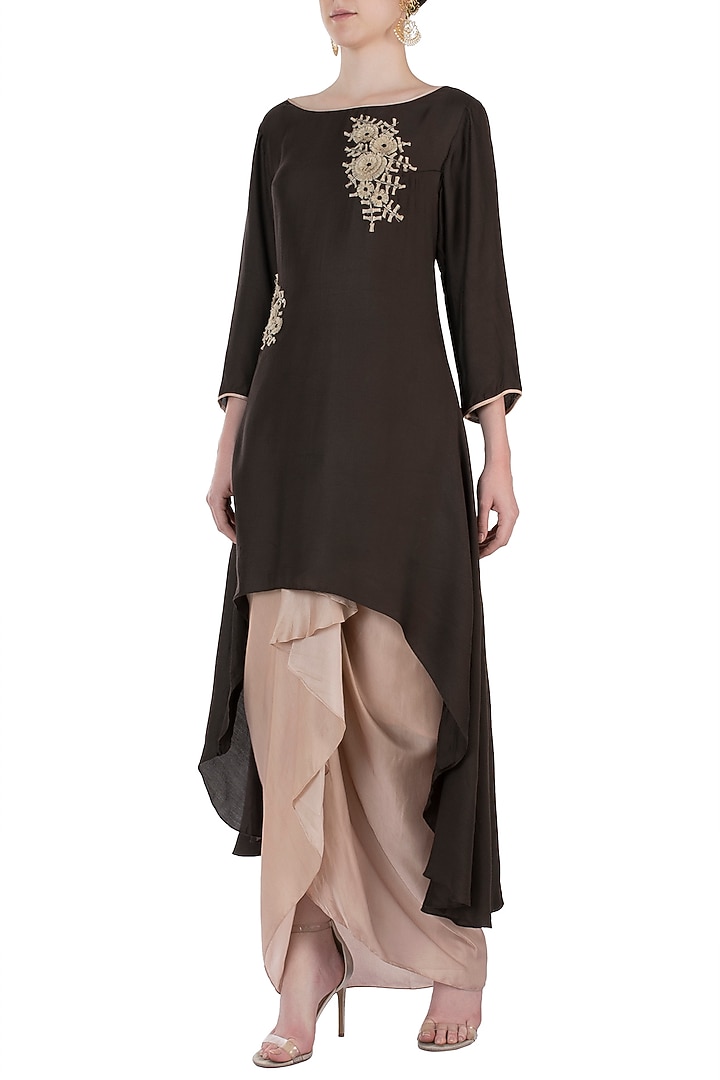 Brown zipper embroidered jacket with lehenga skirt available only at Pernia's Pop Up Shop.