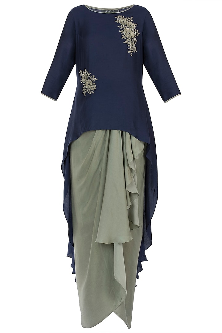 Blue Embroidered Jacket With Skirt by Soup By Sougat Paul