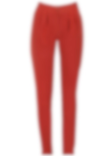 Red silk twill pleated trousers by Soup by Sougat Paul