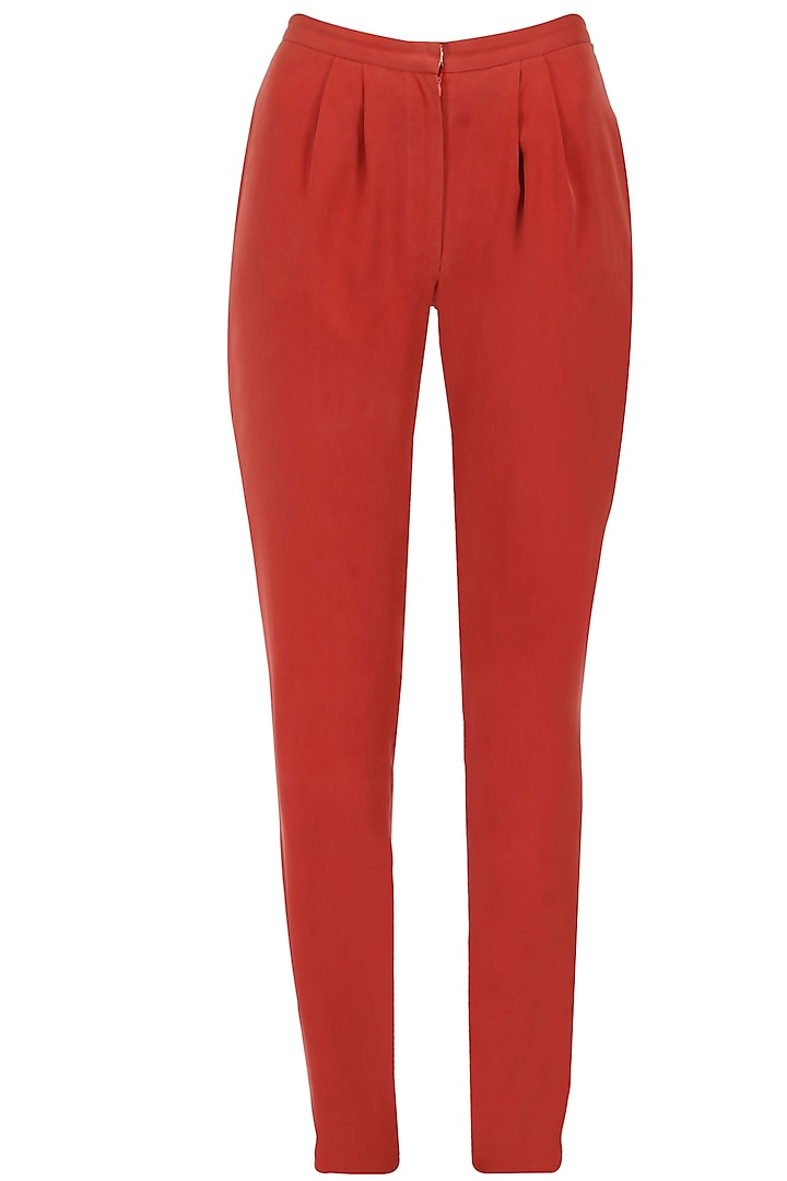 Red silk twill pleated trousers by Soup by Sougat Paul