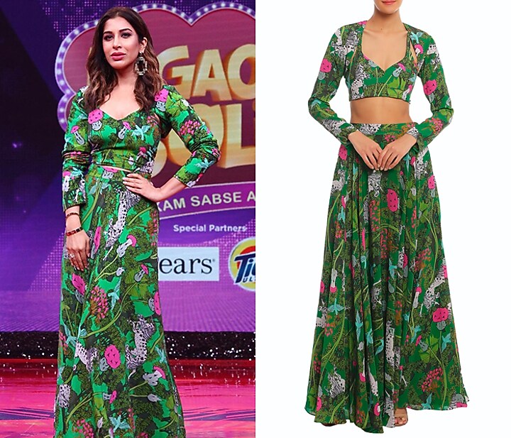 Green Basil & Unicorn Meadow Lehenga Skirt With Shrug & Bustier by Masaba at Pernia's Pop Up Shop