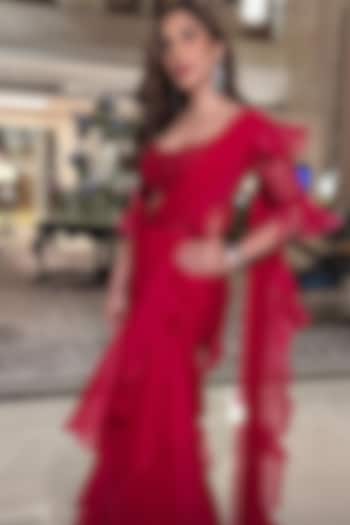 Red Chiffon Organza Draped Ruffled Reception Saree Set by Ridhi Mehra at Pernia's Pop Up Shop