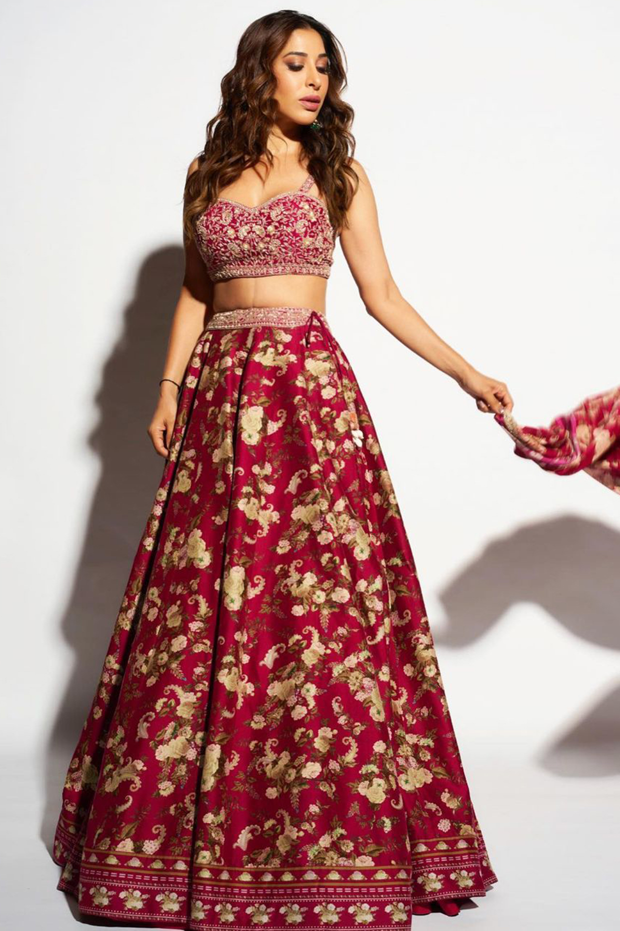 Marsala Red Printed Wedding Lehenga Set by Sana Barreja at Pernia's Pop Up Shop
