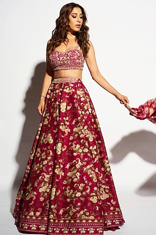 Marsala Red Printed Lehenga Set by Sana Barreja