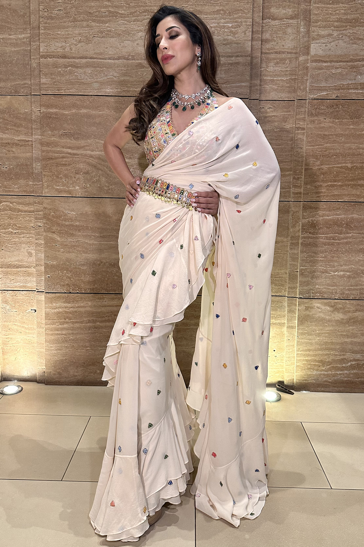 Ivory Georgette Ruffled Wedding Saree Set by Tamanna Punjabi Kapoor at Pernia's Pop Up Shop