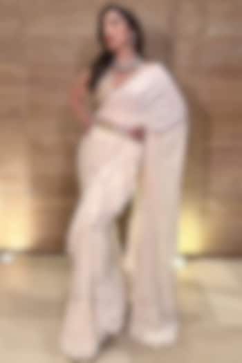 Ivory Georgette Ruffled Saree Set by Tamanna Punjabi Kapoor
