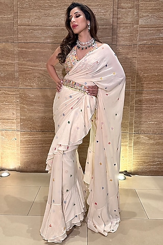 Ivory Georgette Ruffled Saree Set by Tamanna Punjabi Kapoor