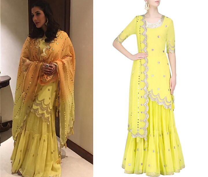 Lemon and gold gota patti work kurta and frilled skirt set available only at Pernia's Pop Up Shop.