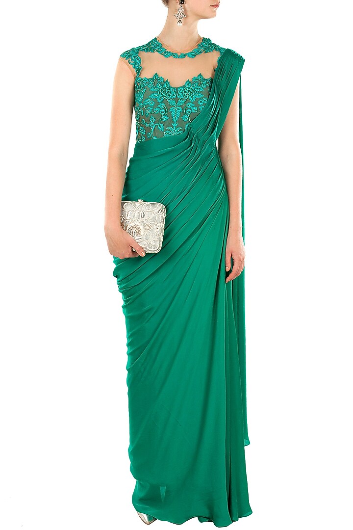Jade green embroidered sari gown available only at Pernia's Pop-Up Shop.