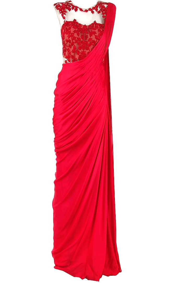 Red embroidered sari-gown by Sonaakshi Raaj