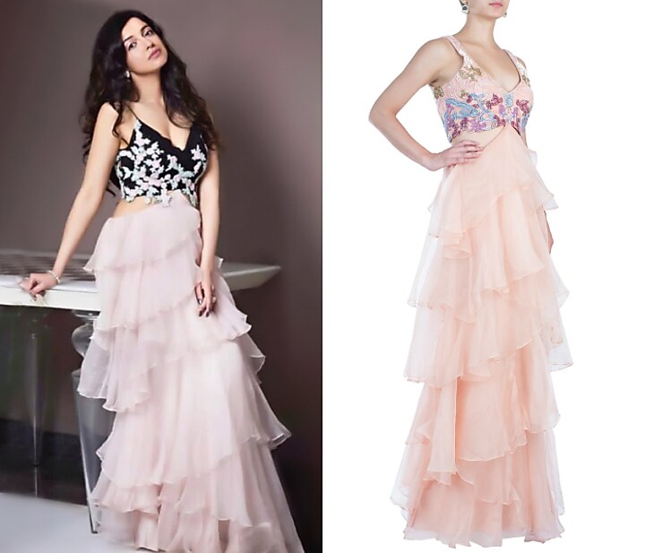 Peach embroidered ruffle gown available only at Pernia's Pop Up Shop.