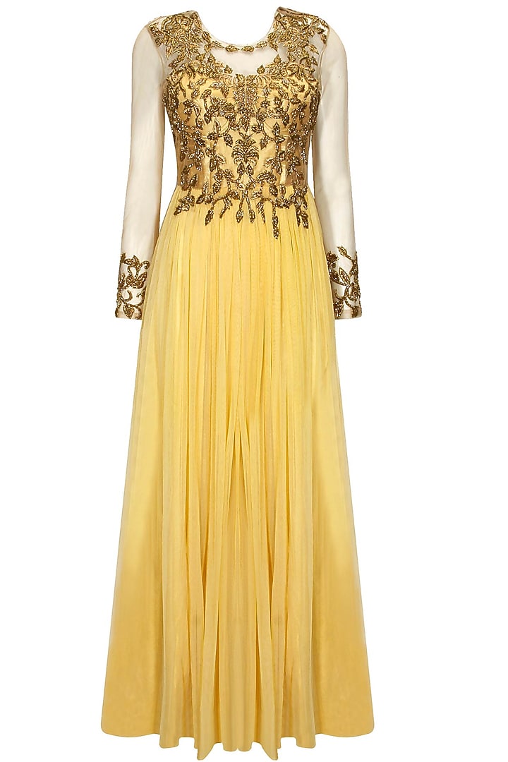 Ochre zardosi embroidery anarkali set available only at Pernia's Pop Up Shop.
