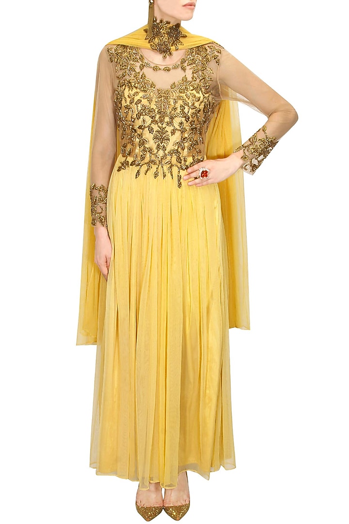 Ochre zardosi embroidery anarkali set available only at Pernia's Pop Up Shop.