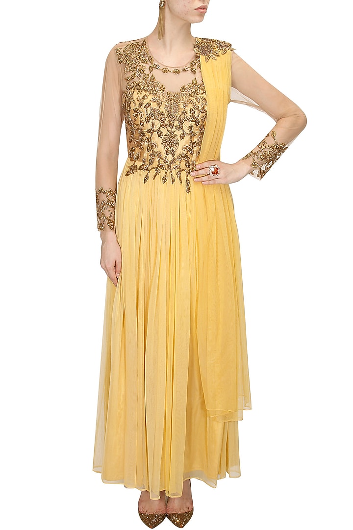 Ochre zardosi embroidery anarkali set available only at Pernia's Pop Up Shop.