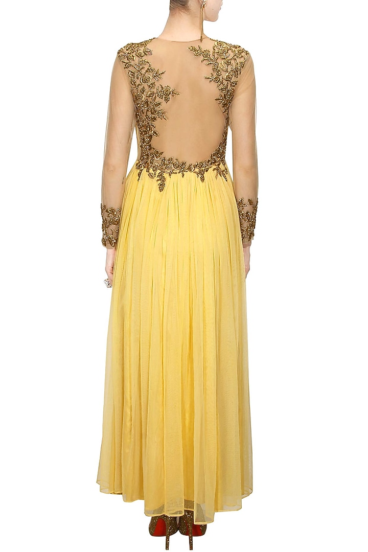 Ochre zardosi embroidery anarkali set available only at Pernia's Pop Up Shop.