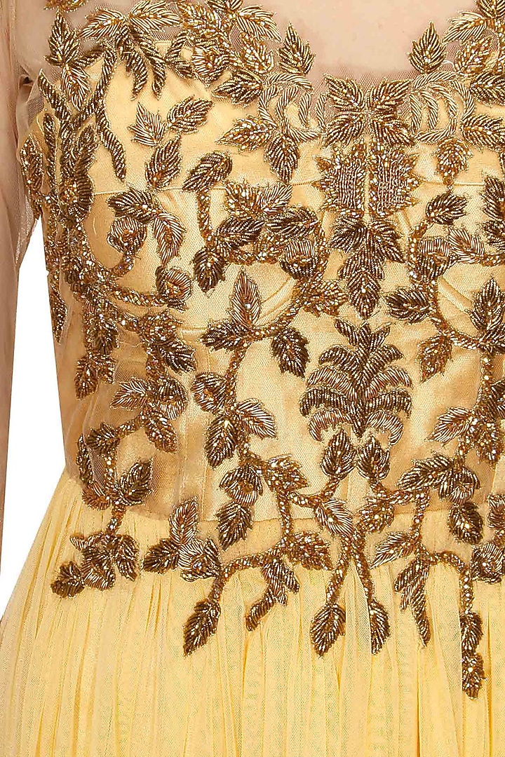 Ochre zardosi embroidery anarkali set available only at Pernia's Pop Up Shop.
