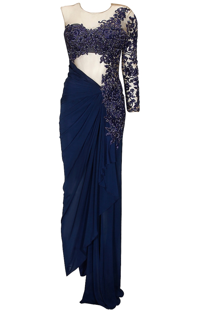 Indigo blue floral embroidered one shoulder draped gown by Sonaakshi Raaj