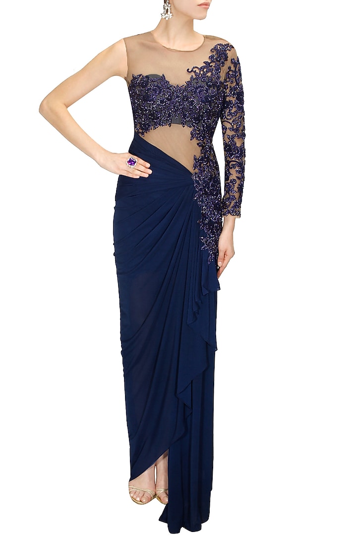 Indigo blue floral embroidered one shoulder draped gownavailable only at Pernia's Pop Up Shop.