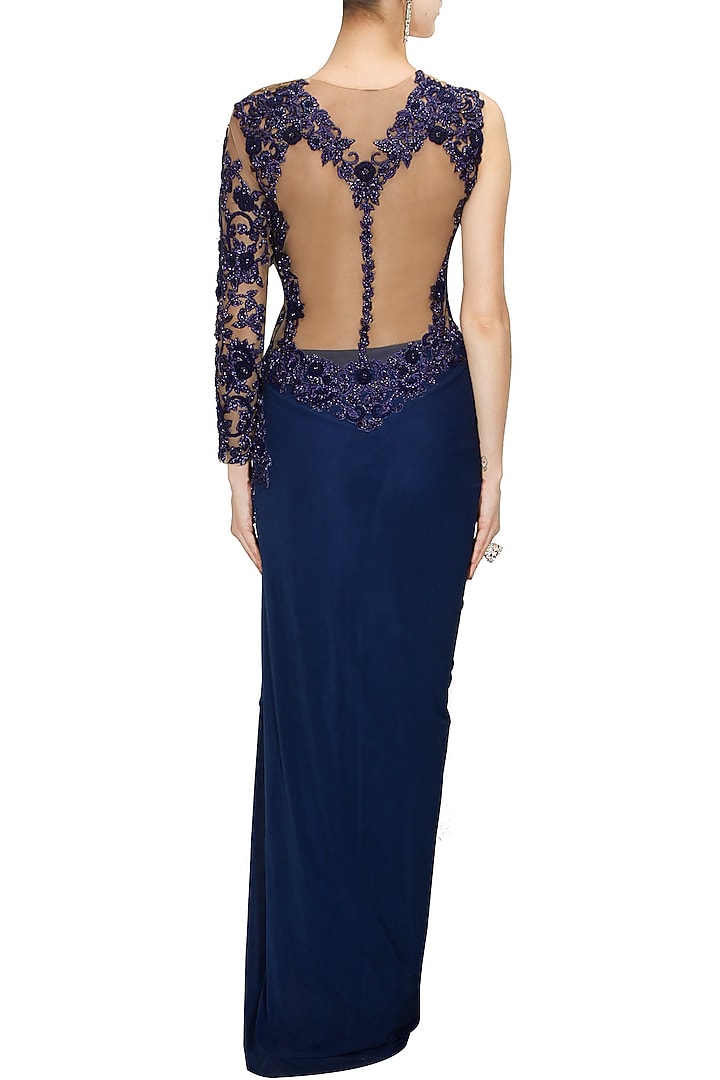 Indigo blue floral embroidered one shoulder draped gownavailable only at Pernia's Pop Up Shop.