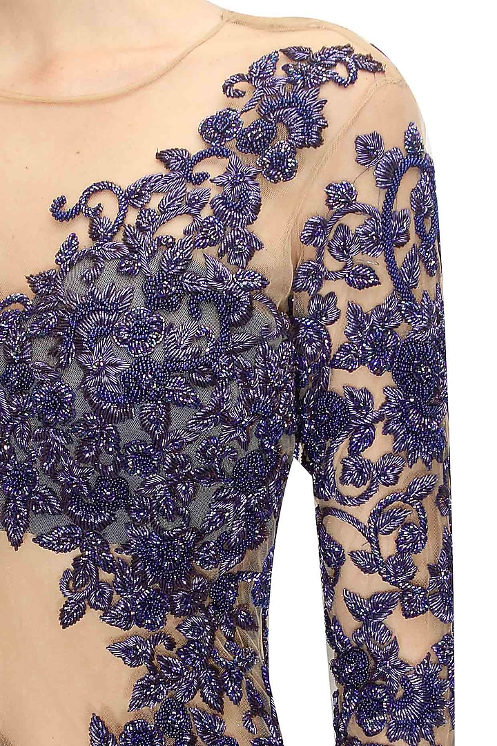Indigo blue floral embroidered one shoulder draped gownavailable only at Pernia's Pop Up Shop.