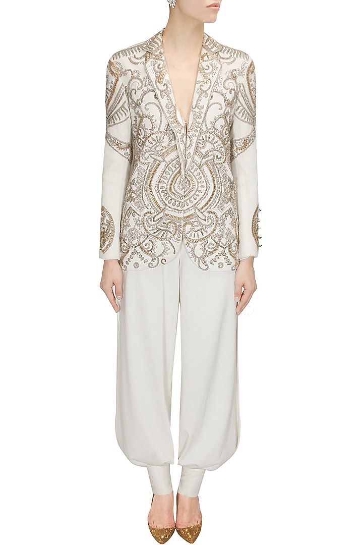 Ivory bead and zari embroidered blazer available only at Pernia's Pop Up Shop.