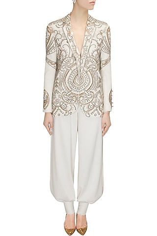 Ivory bead and zari embroidered blazer by Sonaakshi Raaj