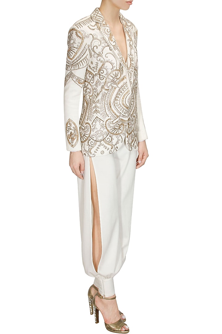 Ivory bead and zari embroidered blazer available only at Pernia's Pop Up Shop.
