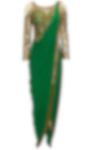 Emerald green antique gold and bead embroidered pant sari by Sonaakshi Raaj