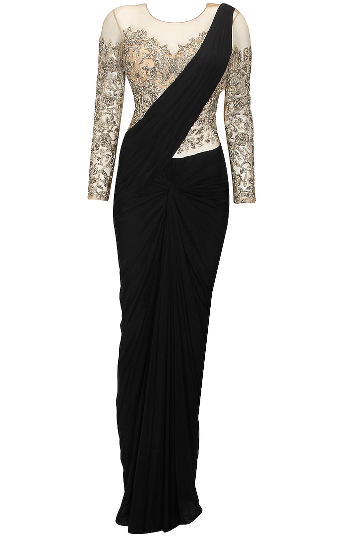 Black silver bead embroidered knotted sari gown available only at Pernia's Pop Up Shop.
