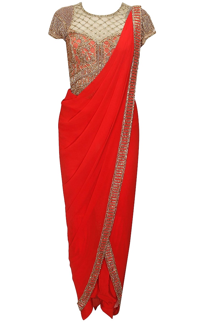 Red antique gold bead embroidered pant sari by Sonaakshi Raaj