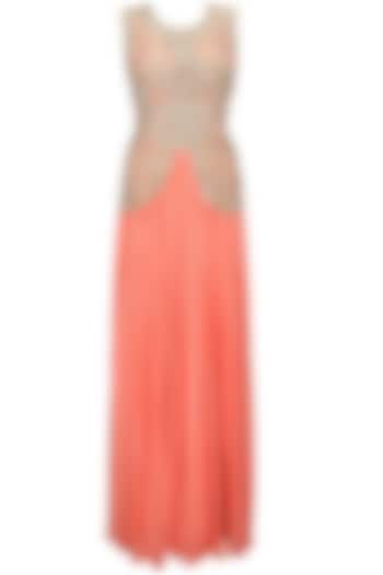 Coral champagne gold pearl and bead embroidered plazzo jumpsuit available only at Pernia's Pop Up Shop.