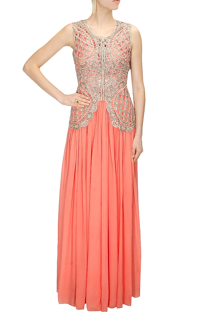 Coral champagne gold pearl and bead embroidered plazzo jumpsuit available only at Pernia's Pop Up Shop.