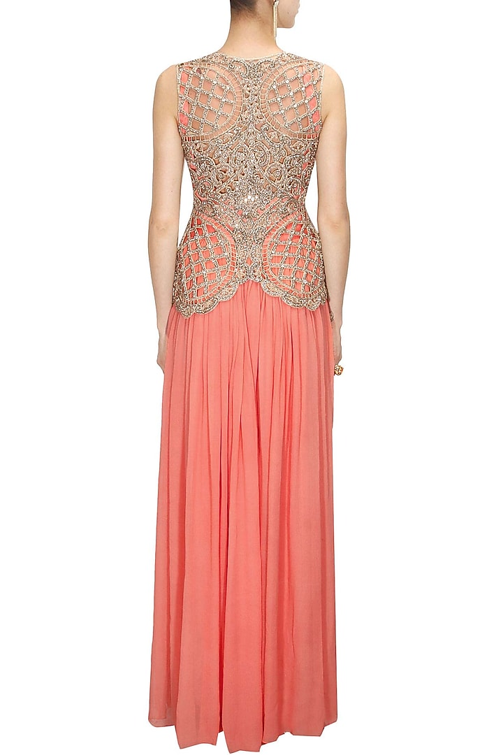 Coral champagne gold pearl and bead embroidered plazzo jumpsuit available only at Pernia's Pop Up Shop.