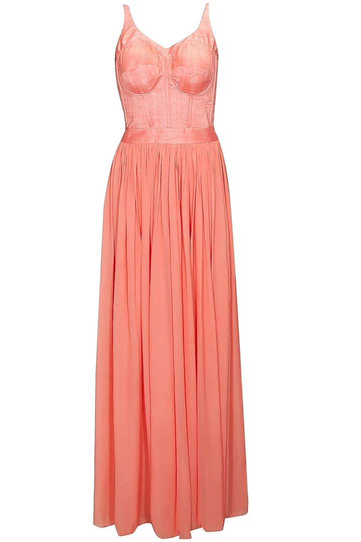Coral champagne gold pearl and bead embroidered plazzo jumpsuit available only at Pernia's Pop Up Shop.