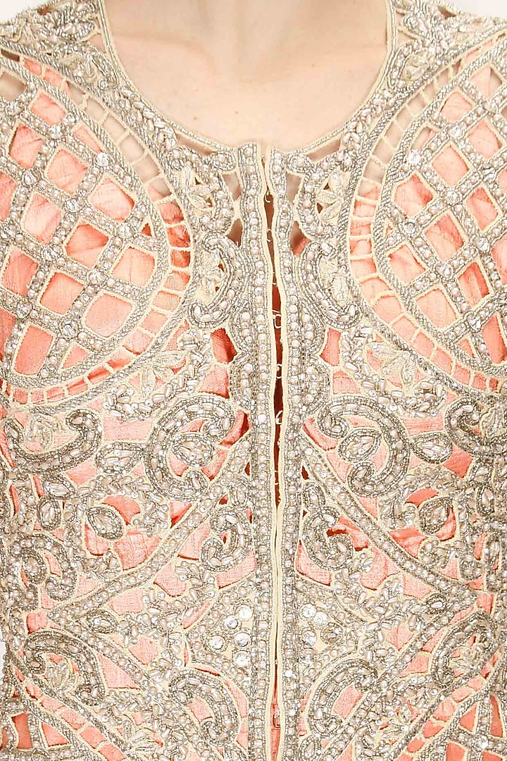 Coral champagne gold pearl and bead embroidered plazzo jumpsuit available only at Pernia's Pop Up Shop.