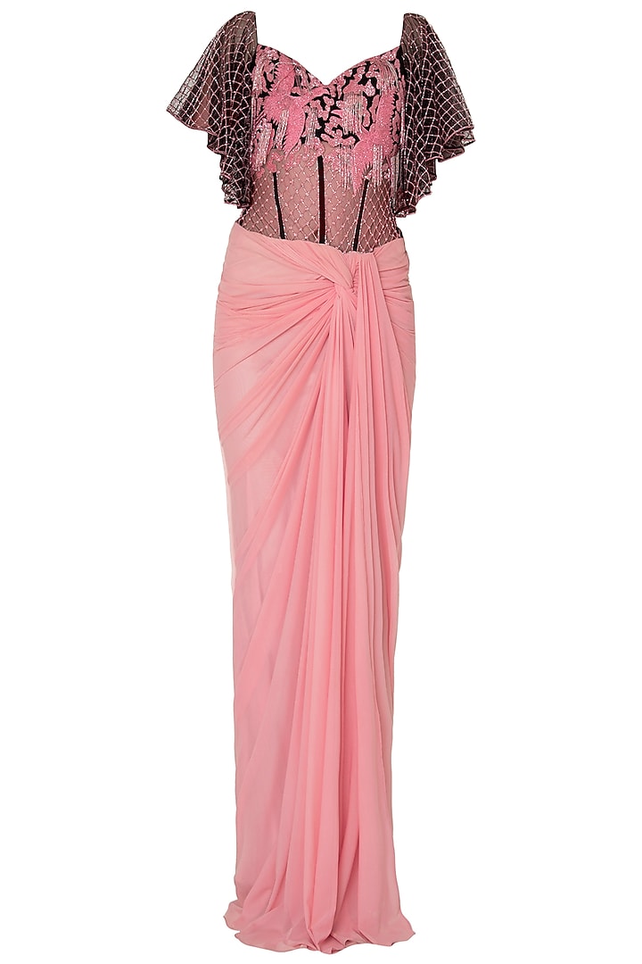 Baby pink off shoulder saree gown available only at Pernia's Pop Up Shop.