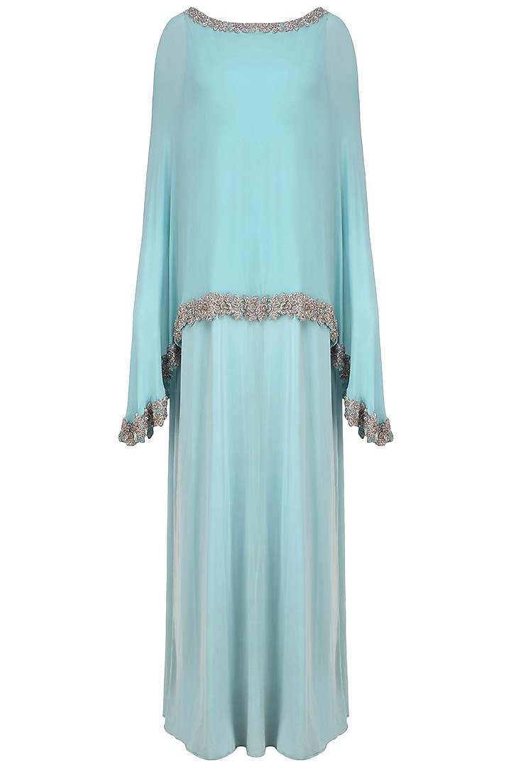 Icy Blue Straight Gown and Beads Embroidered Cape Set by Sonaakshi Raaj