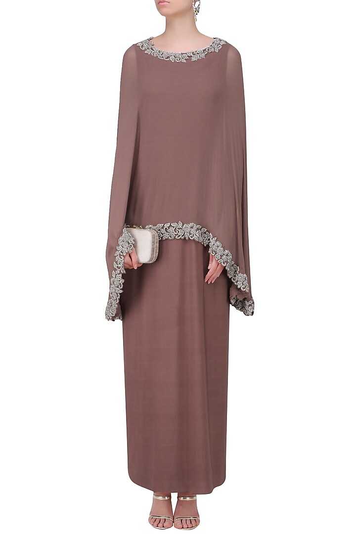 Brown straight gown and beads embroidered cape set available only at Pernia's Pop Up Shop.