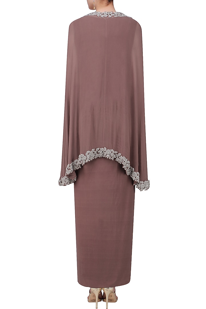 Brown straight gown and beads embroidered cape set available only at Pernia's Pop Up Shop.