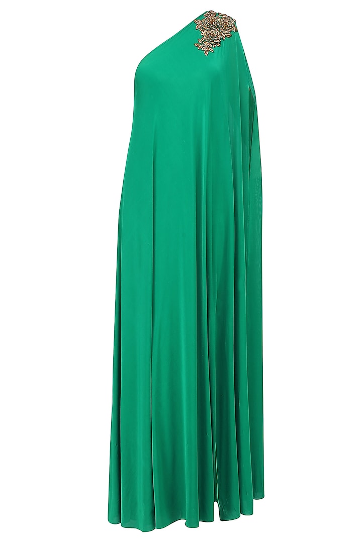 Emerald Green Embroidered Rose Motifs One Shoulder Flowy Gown by Sonaakshi Raaj
