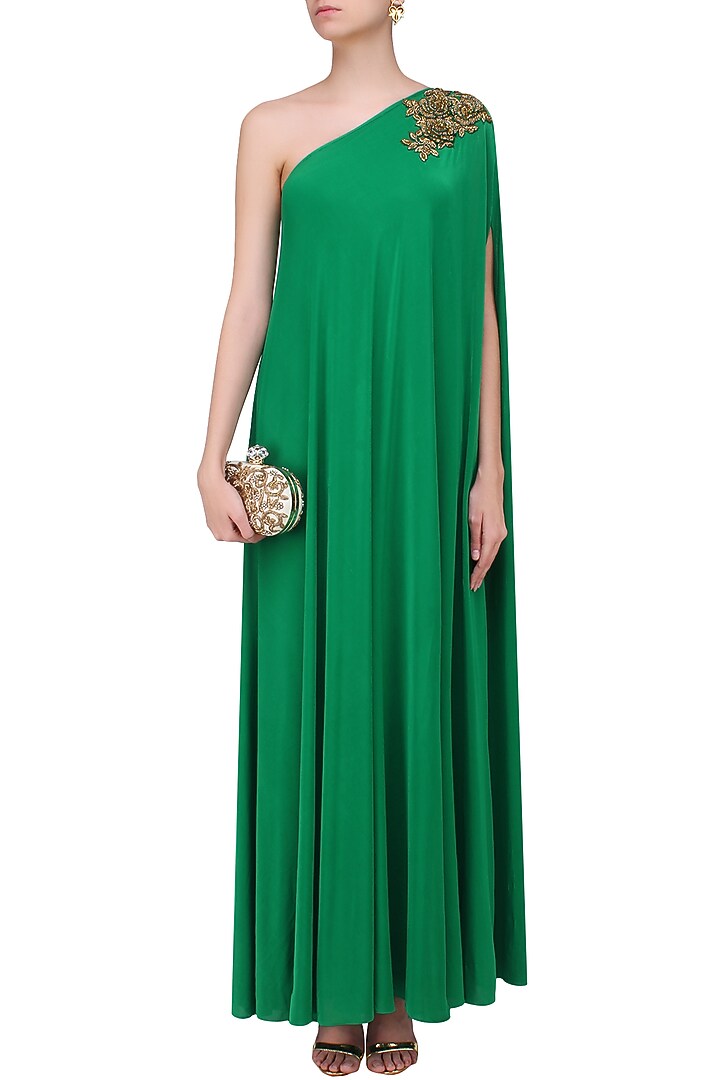 Emerald green embroidered rose motifs one shoulder flowy gown available only at Pernia's Pop Up Shop.