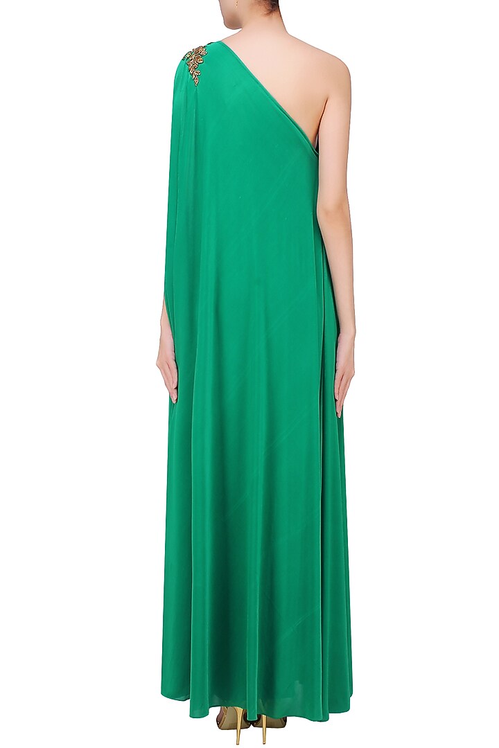 Emerald green embroidered rose motifs one shoulder flowy gown available only at Pernia's Pop Up Shop.