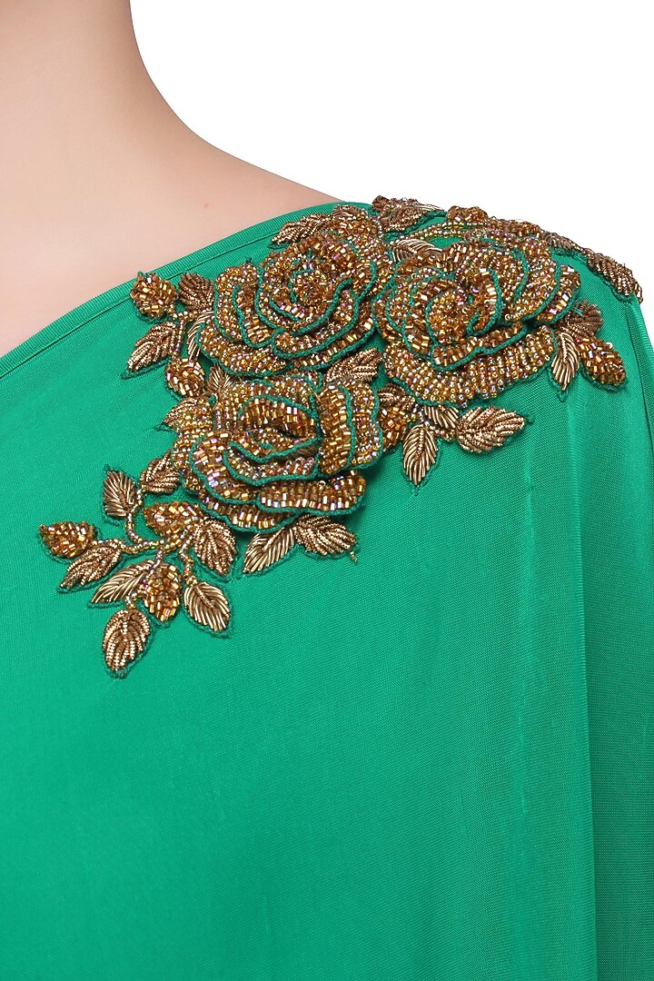 Emerald green embroidered rose motifs one shoulder flowy gown available only at Pernia's Pop Up Shop.